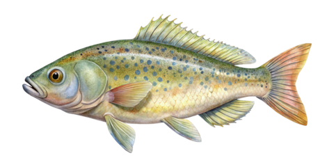 Watercolor illustration of a colorful freshwater fish on a white background painting