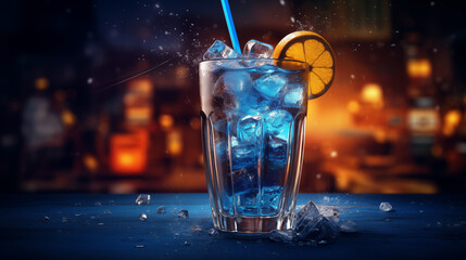 Cocktail with ice in blue shades.