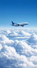 AI illustration of a plane at high altitudes flying above the clouds in a blue daytime sky