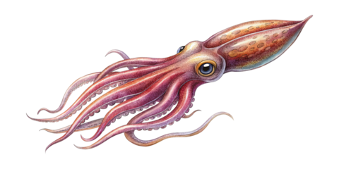 Illustration of a squid with its tentacles trailing behind it in water
