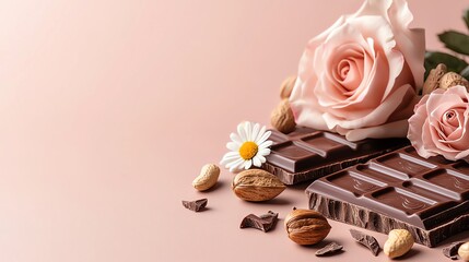 Highresolution editorial layout, realistic chocolate detail in bottom right, light rose on the left, ample central space for quote or text, with nut and daisy embellishment,