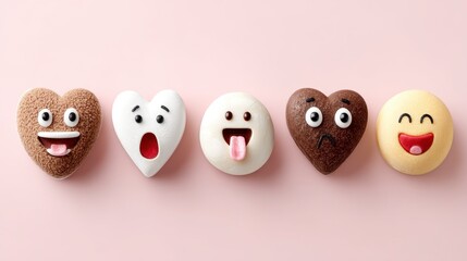Five heart shaped treats with playful emoticon faces arranged on a pink background. Each confection features unique