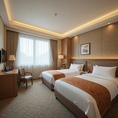 Clean Twin Bed Hotel Room Interior Design in Luxury Hotel with Modern Lighting