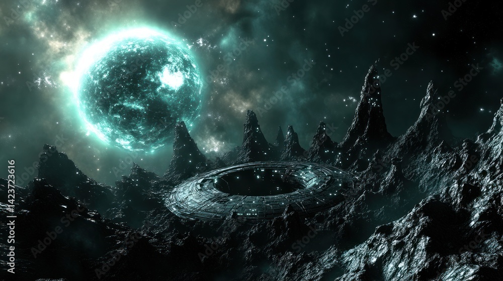 Poster alien planet with mysterious ring structure