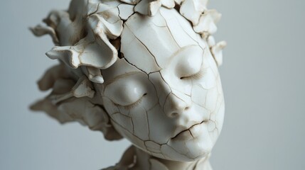 Obraz premium Elegant White Sculptural Portrait of a Female Figure with Cracked Texture and Floral Features