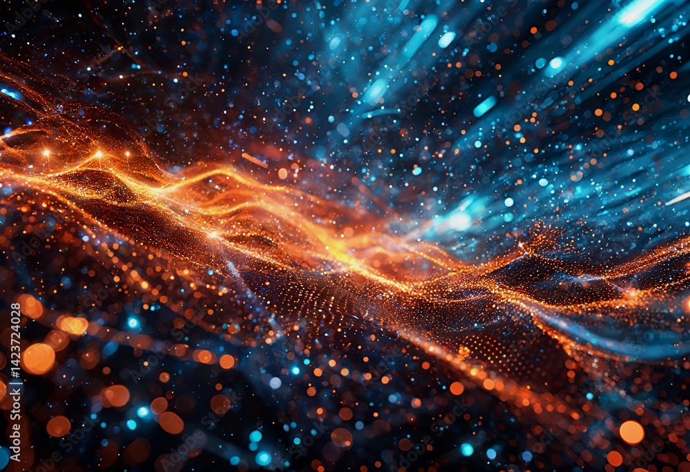 Aufkleber a vibrant and dynamic abstract composition of glowing orange and teal particles forming wave-like pa