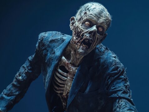 A mature zombie man, in a shredded business suit, with exposed ribs and a missing ear, staggering forward, isolated dark blue background