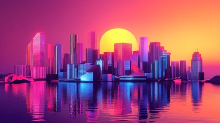 Obraz premium Neon cityscape at sunset over water
