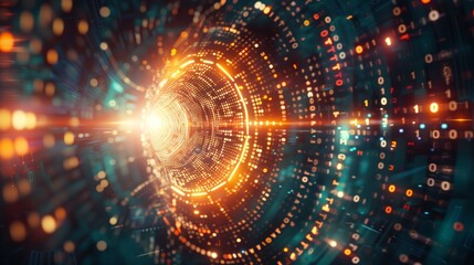 A glowing digital lock surrounded by streams of binary code and data points, symbolizing cybersecurity
