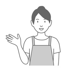 エプロンをした女性が「こちらです」と案内しているイラスト