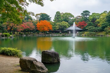 Autumnal park scene with pond and fountain
