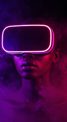 Black women wearing a VR glasses, neon border, in a dense mist, virtual reality, technology, 