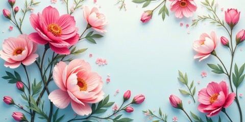 Obraz premium Delicate Paper Flowers Arranged in a Romantic Springtime Frame, Pastel Pink Blooms and Buds on a Light Blue Background