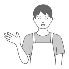 エプロンをした男性が「こちらです」と笑顔で案内しているイラスト