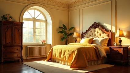 Serene Bedroom with Ornate Headboard and Golden Quilt in Sunlight