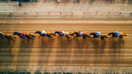 A group of horses and jockeys racing on a dirt track.