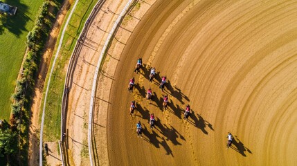 A group of jockeys riding horses on a race track.