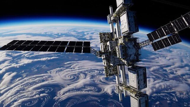 Space station orbits serene planet, space station panels shimmer in sunlight, space station sustains boundless research ambitions. Concept for orbital science