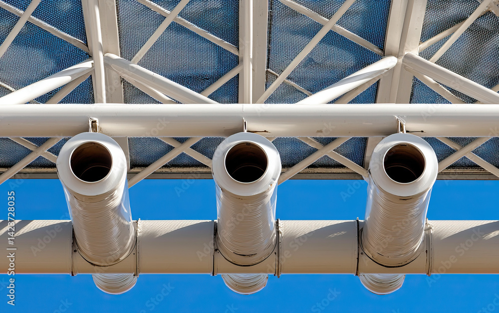Poster modern architectural design features pipes and mesh structure against clear blue sky, creating strik
