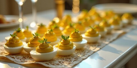 Golden Hue Deviled Eggs Garnished with Fresh Herbs Arranged on a Lacy Doily for an Elegant Presentation