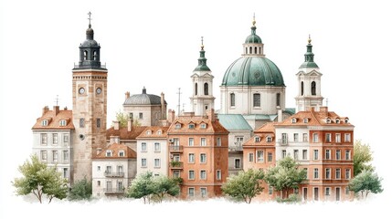 Naklejka premium Watercolor illustration of a European cityscape featuring a variety of buildings, including churches with domes and