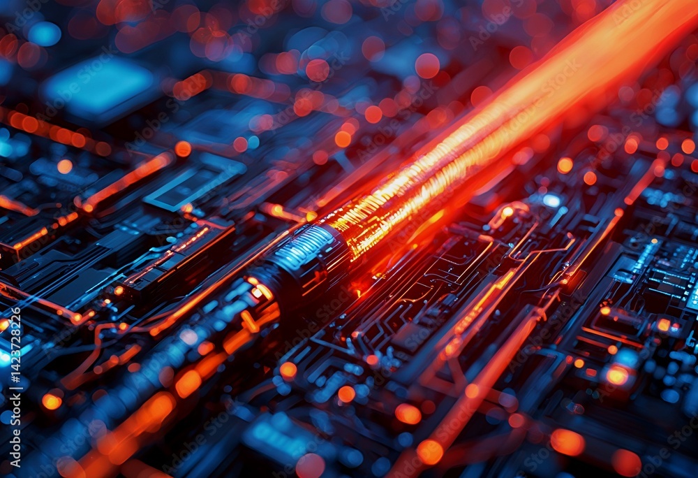 Poster a vibrant, abstract close-up of a circuit board with glowing orange light streaks representing data 
