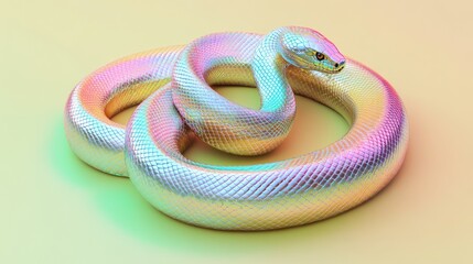 Fototapeta premium Colorful iridescent snake coiled on pastel background