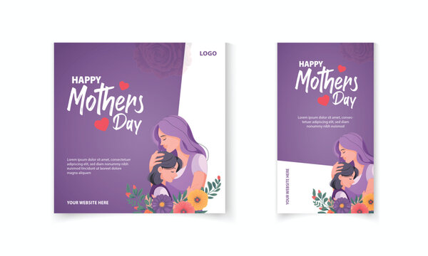 Mother's Day promotional social media post template design, with mother and daughter, flower vector