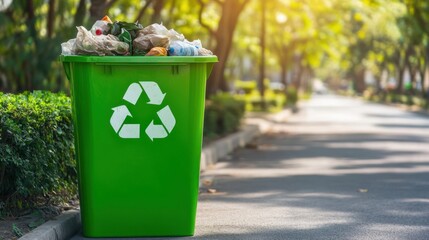 Overfilled Green Recycling Bin in Park