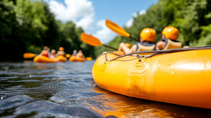 Orange raft floats down a river with rafters enjoying a sunny day
