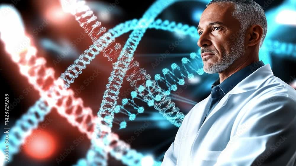 Poster futuristic research on crispr technology and dna bioengineering with a scientist in a lab setting