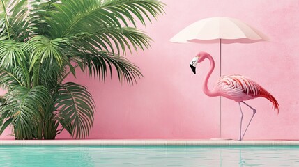 Naklejka premium A flamingo beside a pool with blank sunshade behind,.