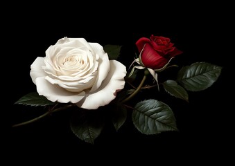 White & Red Roses on Black Background