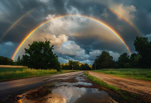 a vibrant double rainbow arcs over a rural road reflecting stormy skies and lush green fields.