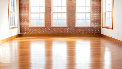 Sunlit empty room with hardwood floors and exposed brick wall