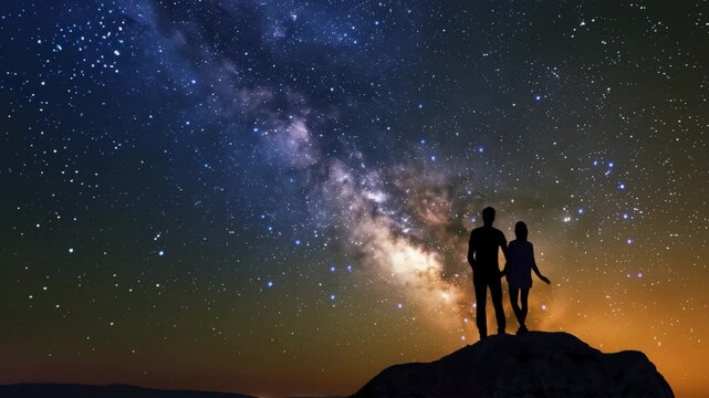 星空を見上げるカップルのシルエット