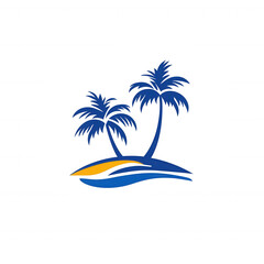 Two stylized palm trees atop a small island with waves, symbolizing tropical relaxation and vacation vibes, perfect for beach-themed designs.