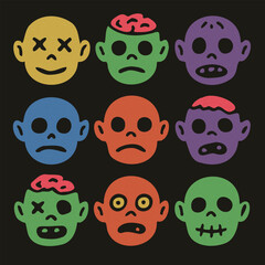 Set of 9 zombie heads in retro naive style with neon colors and crayon texture. Perfect for Halloween prints, party decor, stickers, or children’s spooky art.