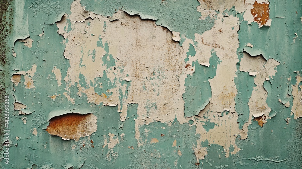 Poster old weathered green paint peeling from wall showing rusty surface