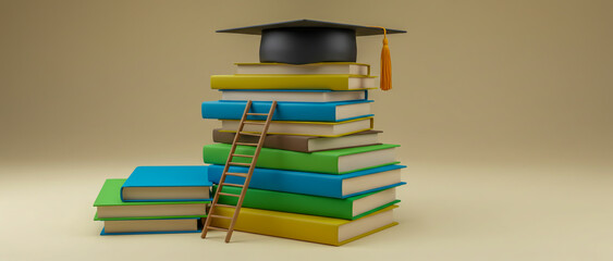 Stack of colorful books is arranged in a neat pile, with a graduation cap placed on top