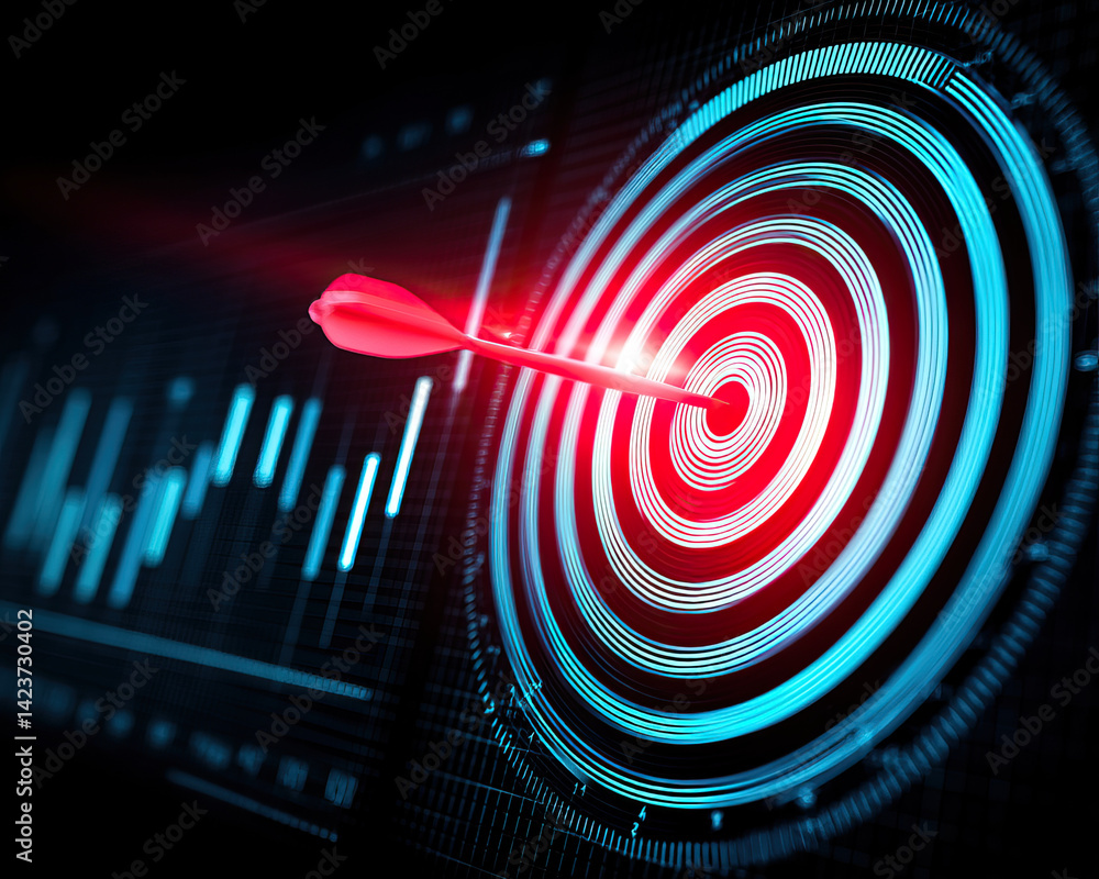 Poster high tech dart hitting target with digital growth patterns, symbolizing success and precision in ana
