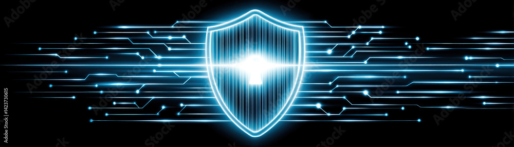 Poster glowing shield symbol representing digital security, surrounded by dynamic lines, conveys sense of p