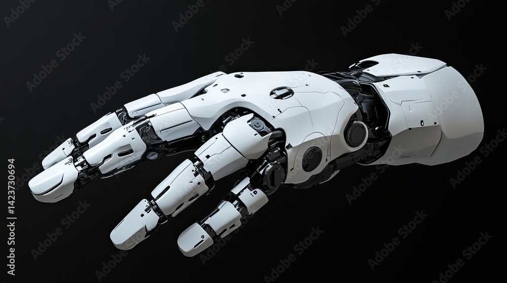 Poster futuristic robotic hand advanced technology white mechanical arm detailed design modern artificial i