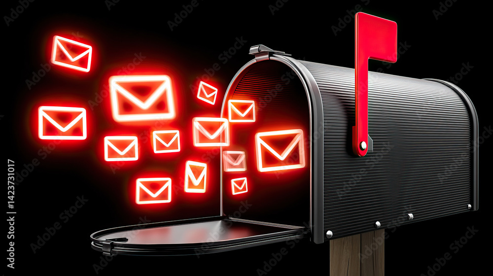 Poster overflowing mailbox with glowing red spam envelopes, symbolizing digital clutter and unwanted messag