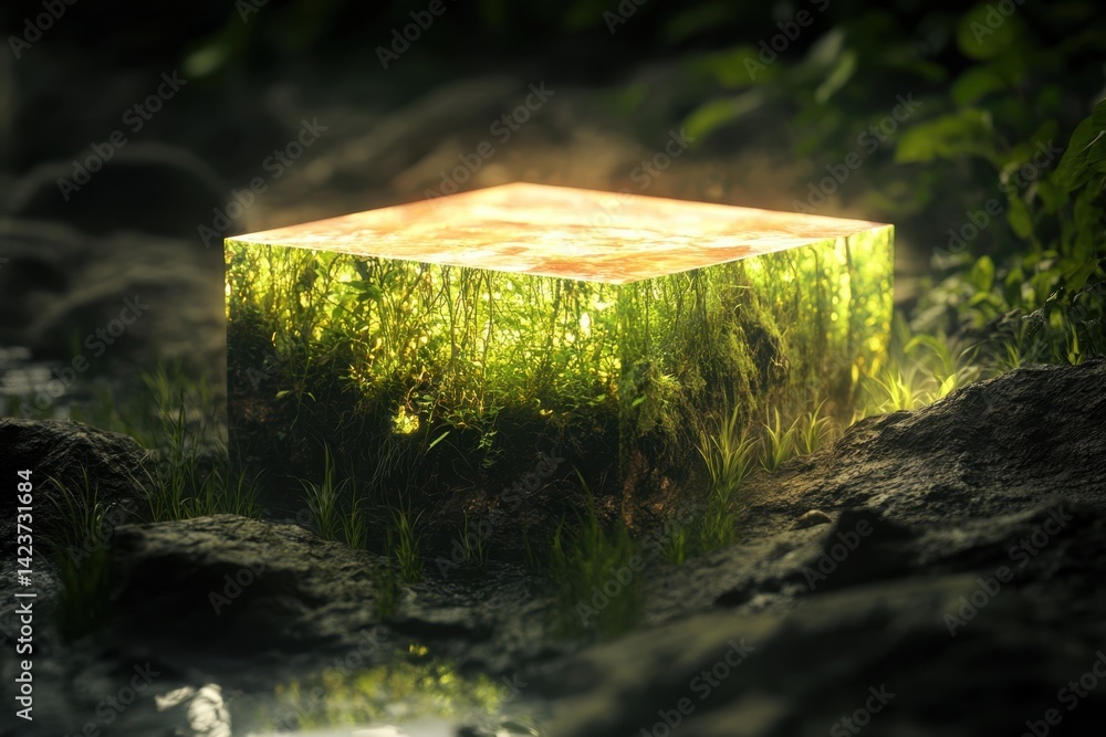 Poster bright illuminated cube surrounded by lush greenery and rocks in a tranquil natural setting