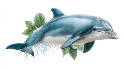 Blue dolphin leaping, surrounded by green leaves, on a white background. Water like pixel effect