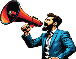 Man shouting announcement with megaphone in business suit communication marketing public speaking news alert
