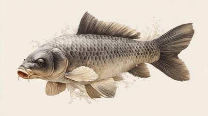 Gray carp fish splashing in water, detailed illustration against light beige background. Water droplets