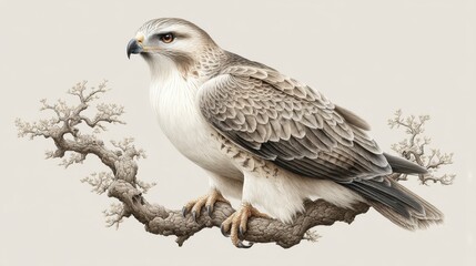 Detailed illustration of a light brown and white hawk perched on a small, leafless branch against a neutral background