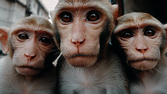 Three Close-Up Portraits of Cute Monkeys with Big Eyes Captured in Urban Setting